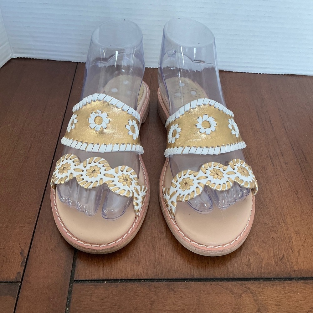 Jack Rogers Georgica Slide Sandals Gold White Metallic Whipstitch Floral Mens 6M - Picture 2 of 8